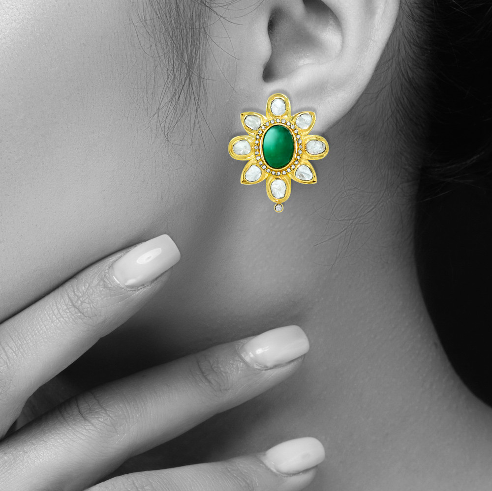 Gold Floral Studs with Emerald Cabochons and Polki Petals